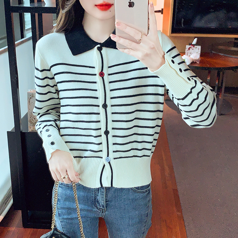 Black-white splice knitted cardigan stripe winter retro sweater