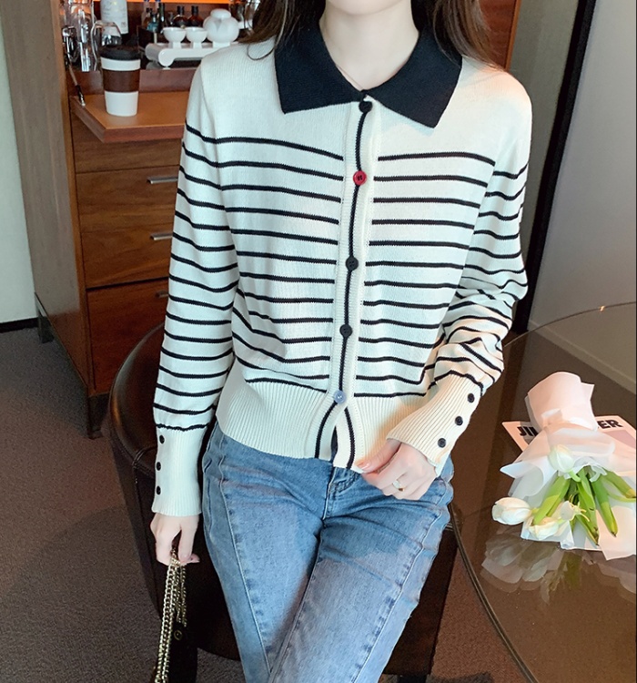 Black-white splice knitted cardigan stripe winter retro sweater