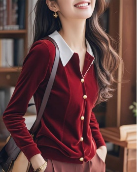 Wine-red slim tops France style retro shirt for women