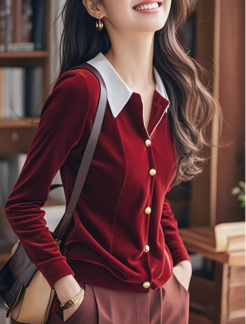 Wine-red slim tops France style retro shirt for women