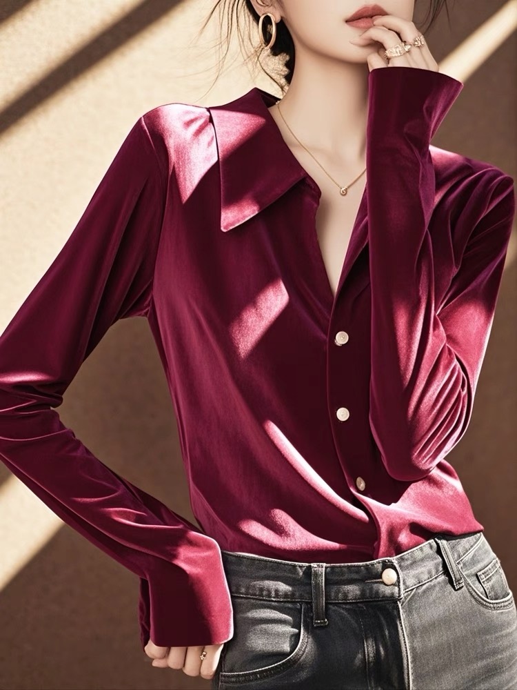 Winter unique red shirt velvet long sleeve tops