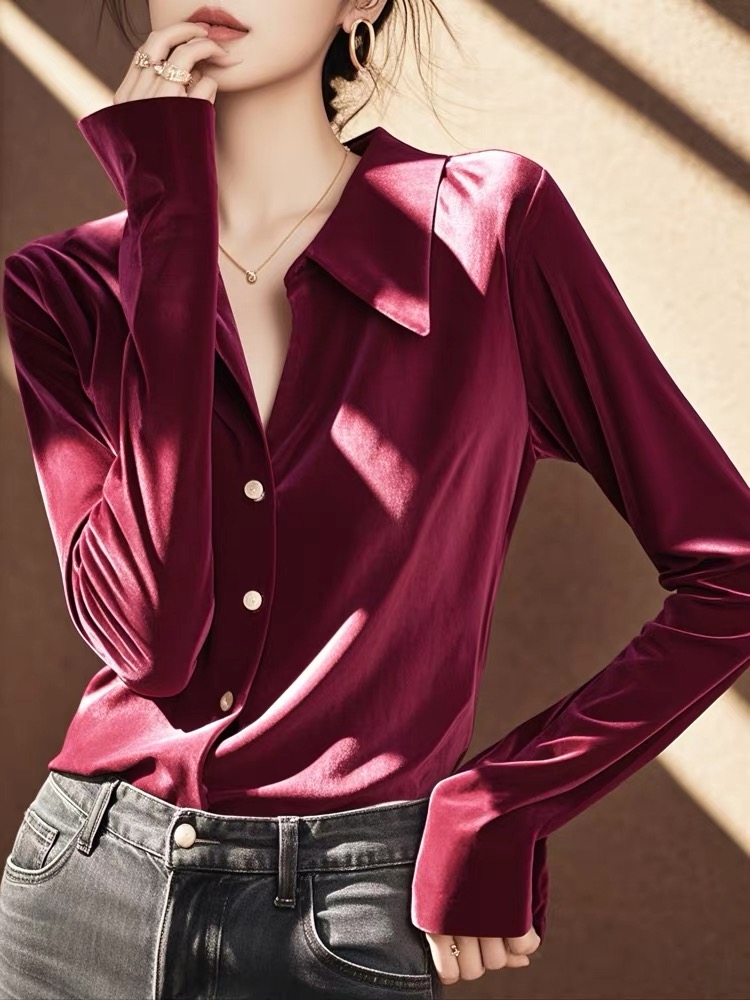 Winter unique red shirt velvet long sleeve tops