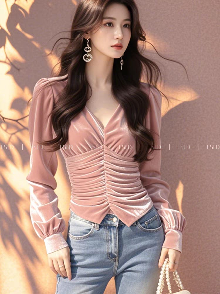 Unique V-neck small tops pink light luxury velvet shirt for women