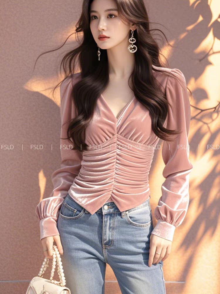 Unique V-neck small tops pink light luxury velvet shirt for women