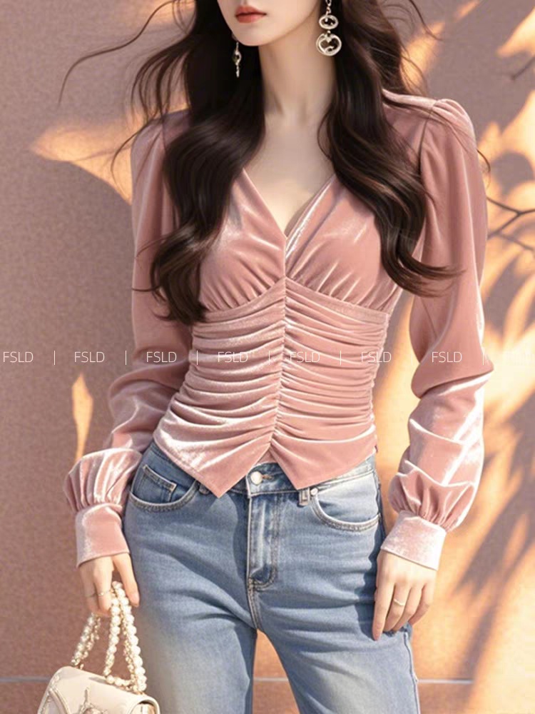 Unique V-neck small tops pink light luxury velvet shirt for women