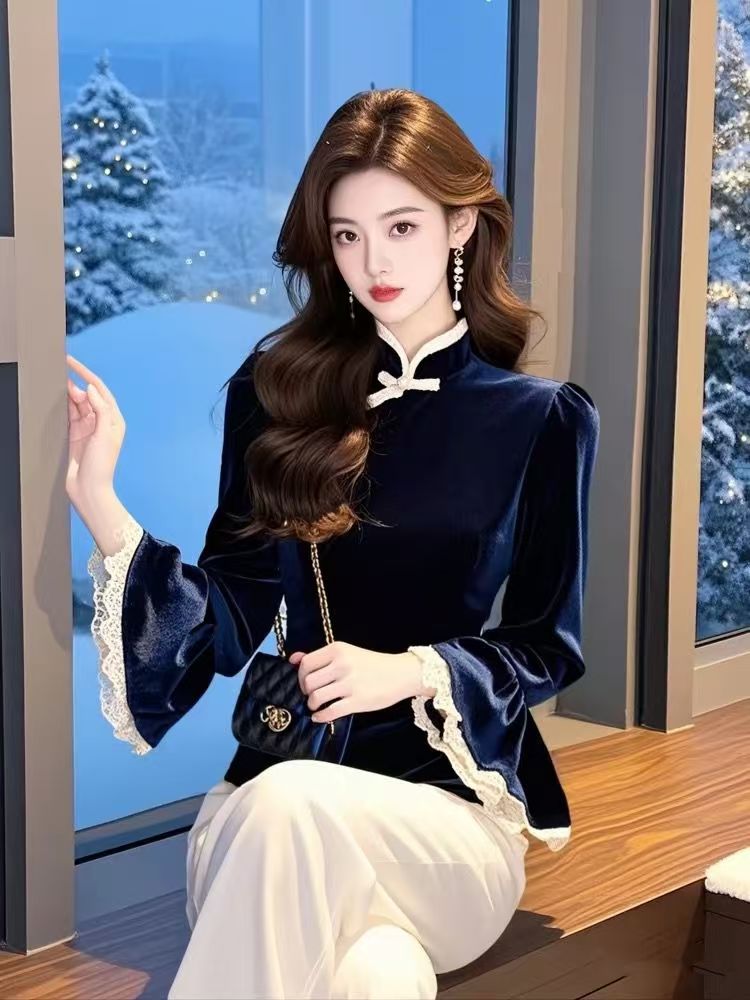 Winter Chinese style tops velvet retro bottoming shirt