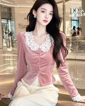 Velvet pink shirt autumn and winter tops for women