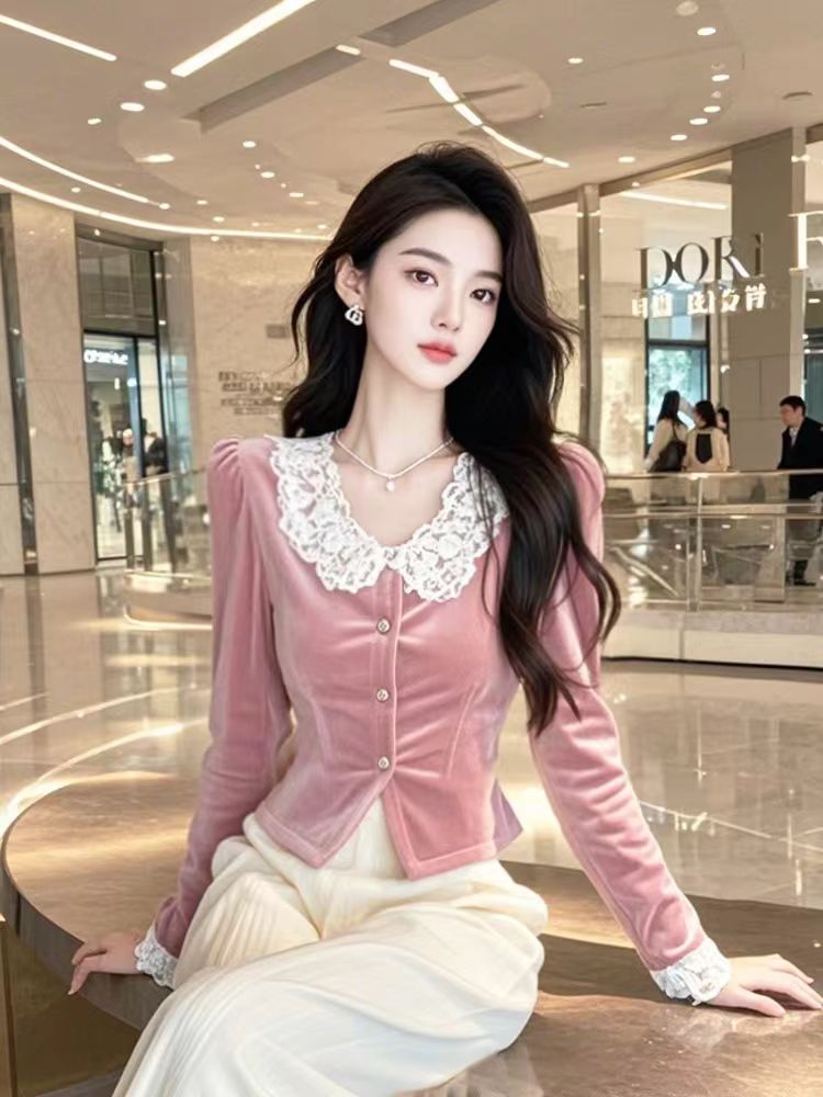 Velvet pink shirt autumn and winter tops for women