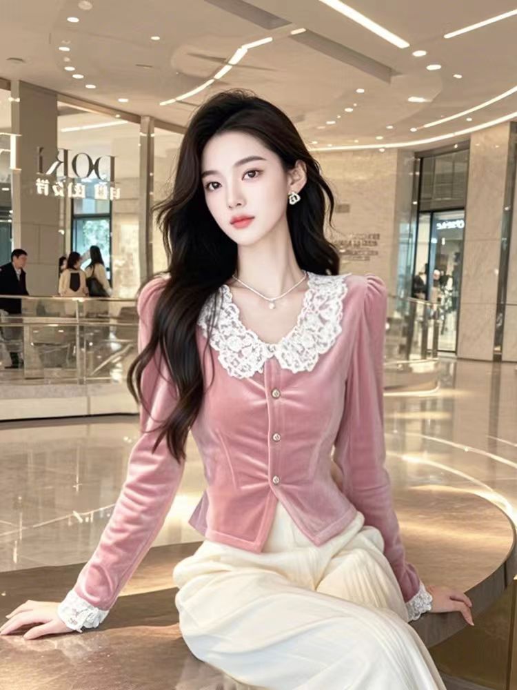 Velvet pink shirt autumn and winter tops for women