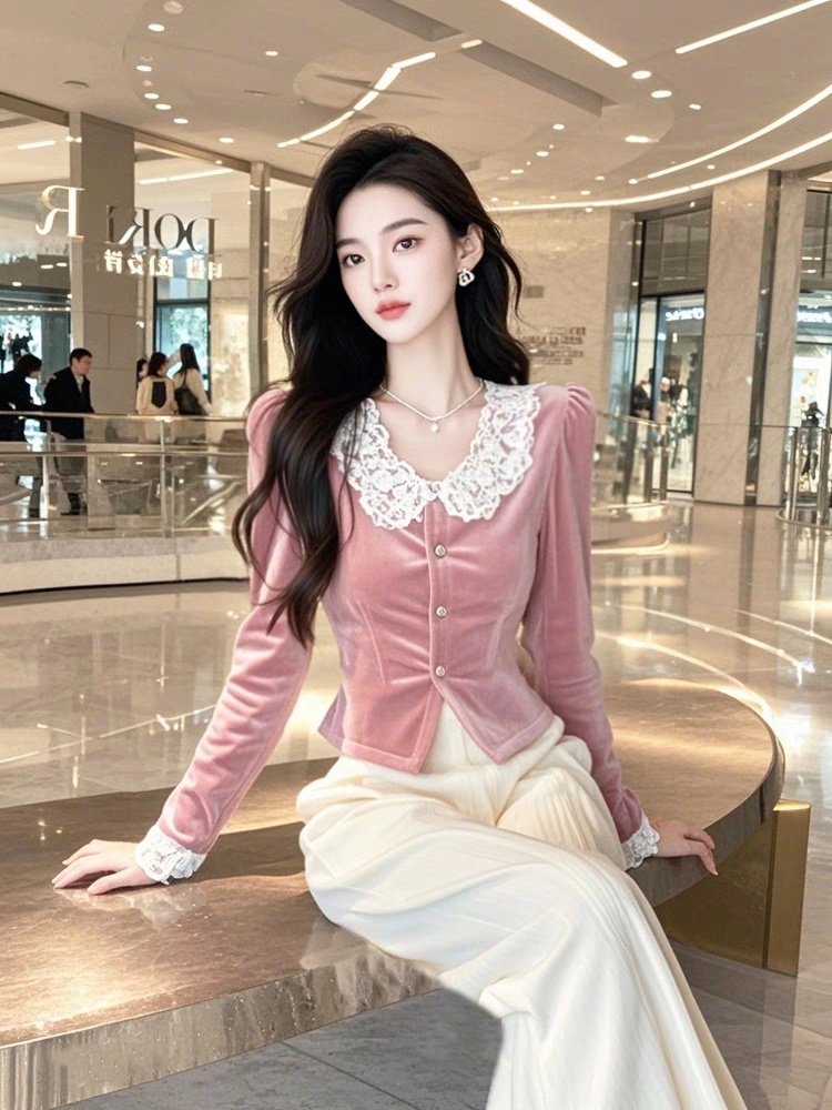 Velvet pink shirt autumn and winter tops for women