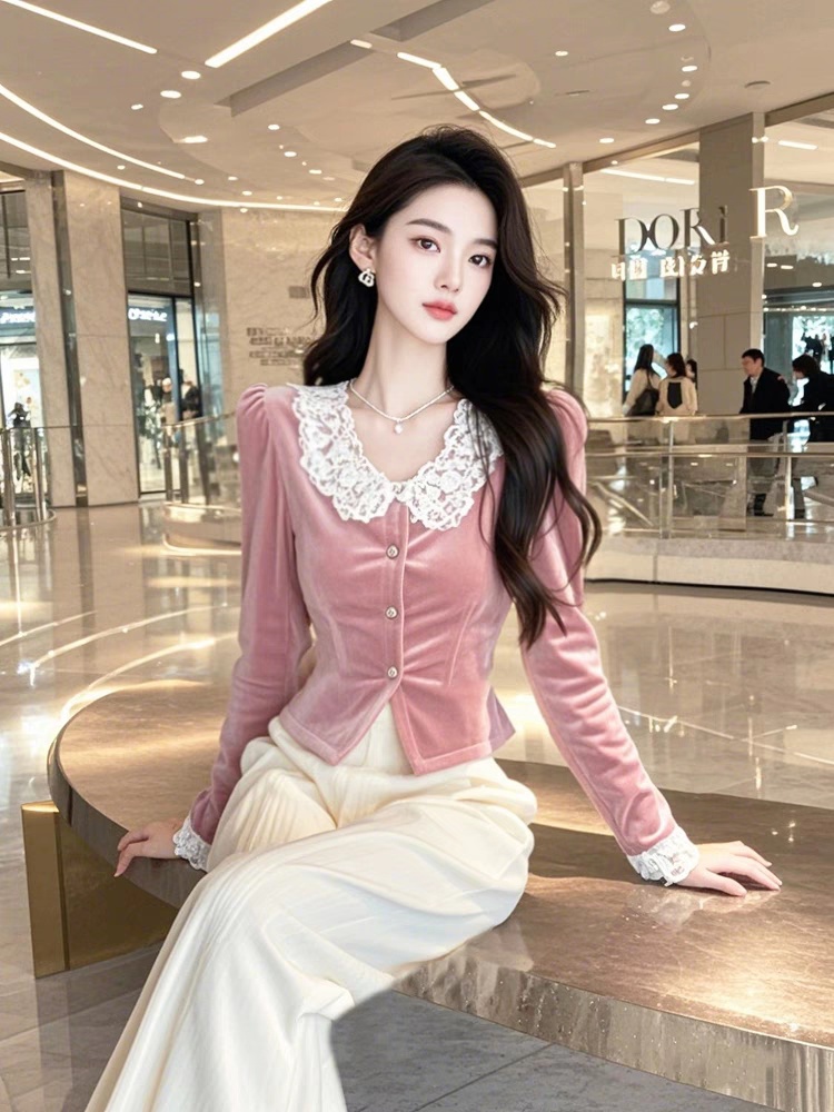 Velvet pink shirt autumn and winter tops for women