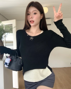 Long sleeve autumn tops round neck mixed colors T-shirt