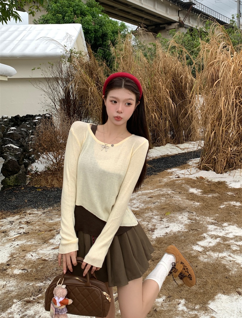 Long sleeve autumn tops round neck mixed colors T-shirt