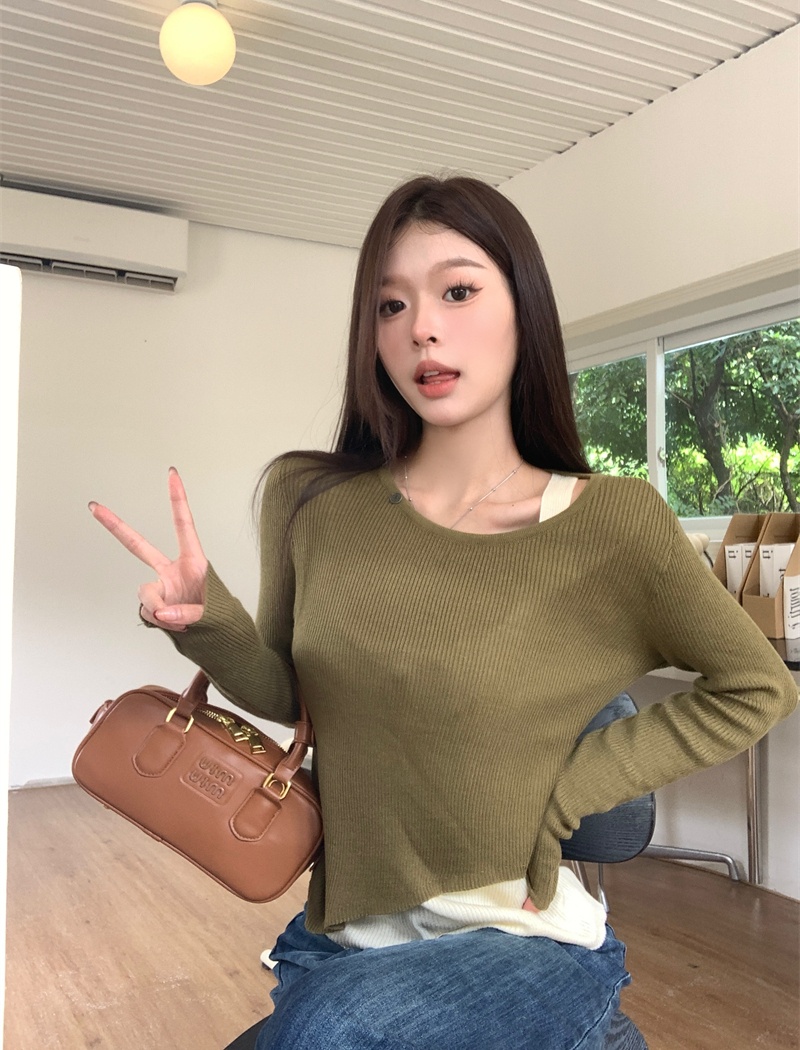 Long sleeve autumn tops round neck mixed colors T-shirt