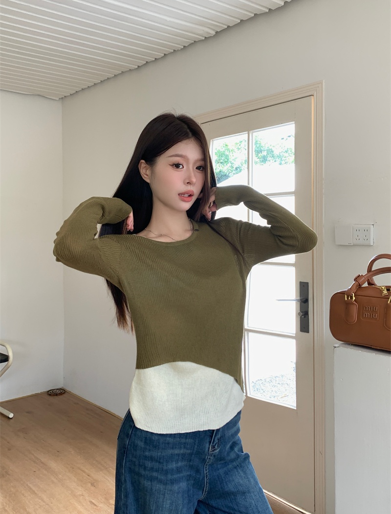 Long sleeve autumn tops round neck mixed colors T-shirt