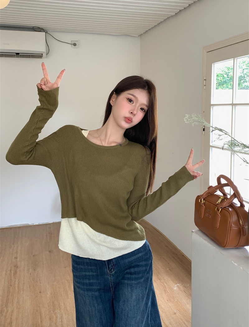 Long sleeve autumn tops round neck mixed colors T-shirt