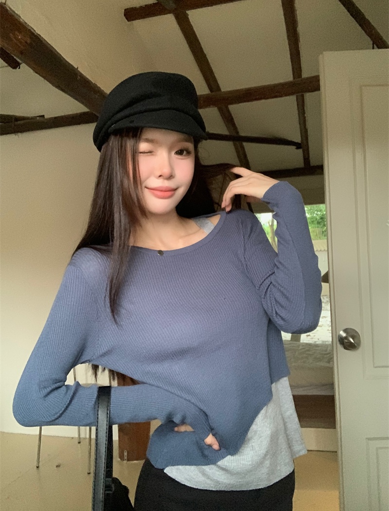 Long sleeve autumn tops round neck mixed colors T-shirt