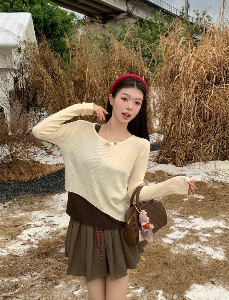 Long sleeve autumn tops round neck mixed colors T-shirt