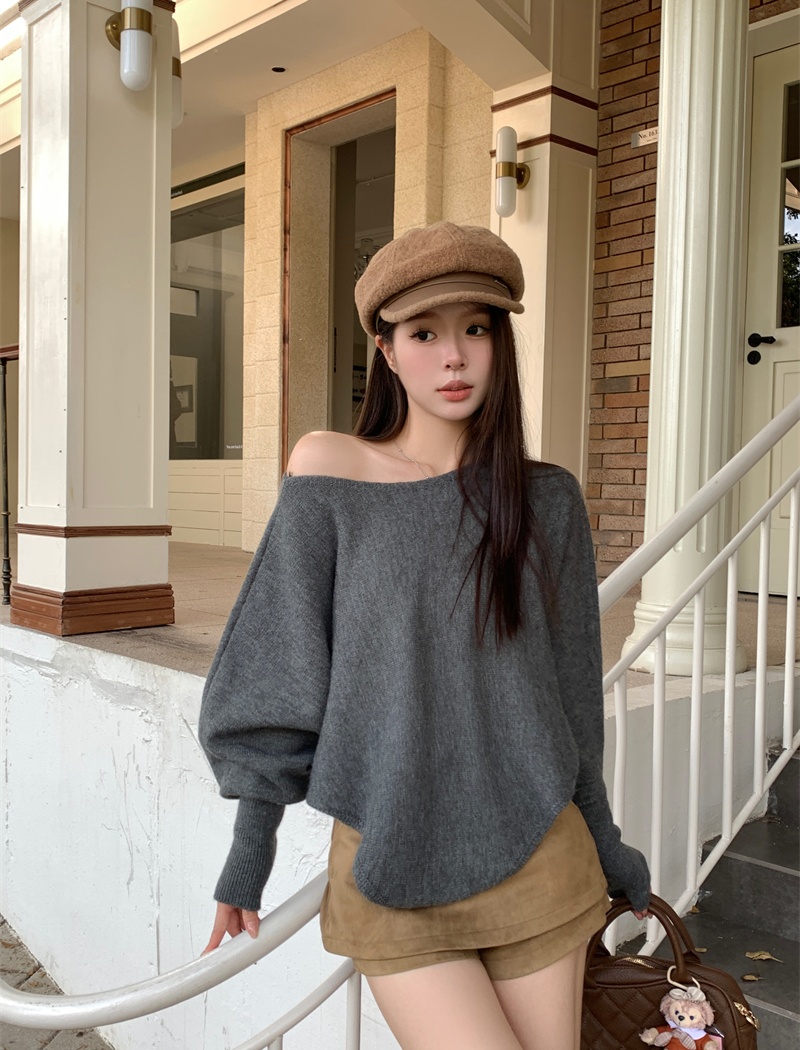 Lazy pullover sweater loose horizontal collar tops