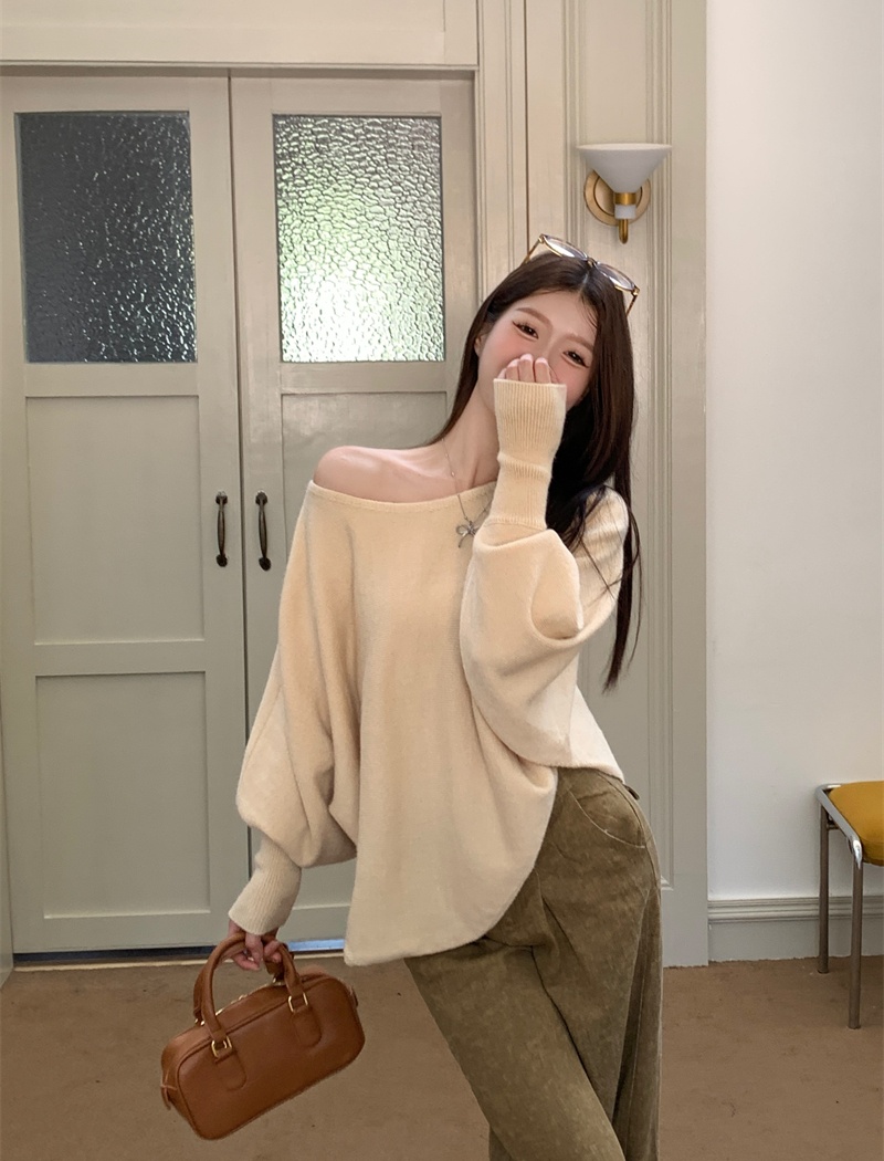 Lazy pullover sweater loose horizontal collar tops