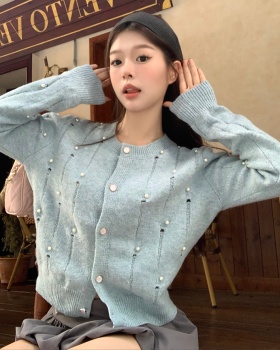 Long sleeve unique sweater knitted beading cardigan