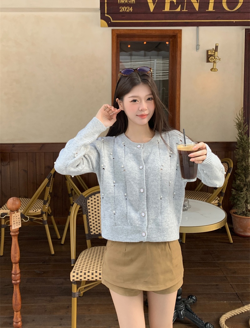 Long sleeve unique sweater knitted beading cardigan