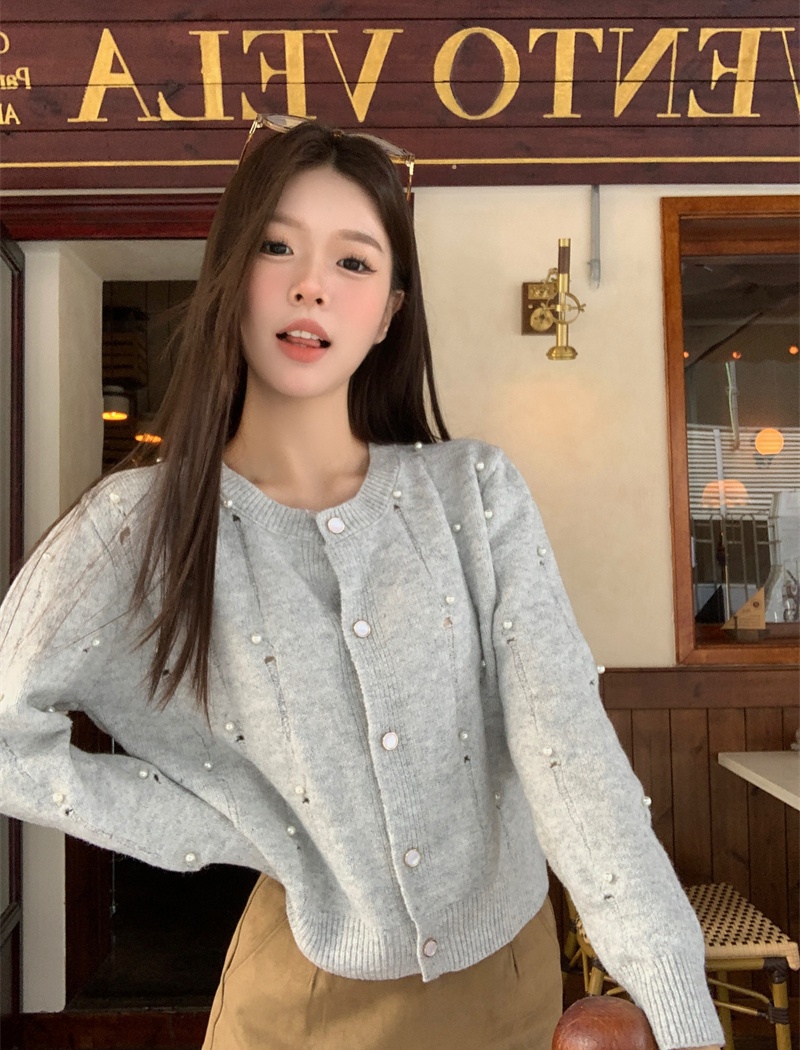 Long sleeve unique sweater knitted beading cardigan