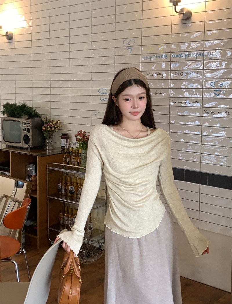 Wood ear strapless sling sweater slim Pseudo-two tops