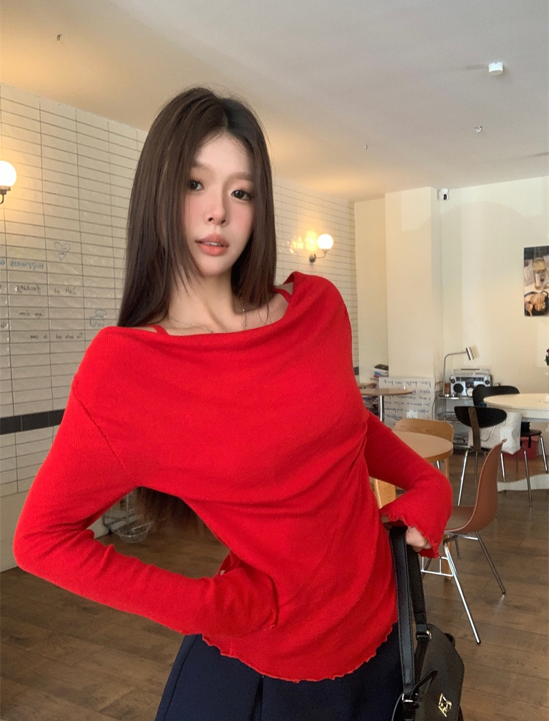 Wood ear strapless sling sweater slim Pseudo-two tops