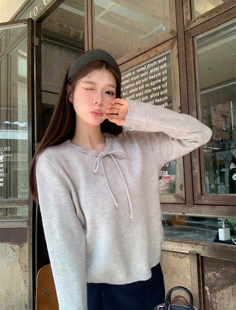 Korean style loose gray tops long sleeve tender frenum sweater