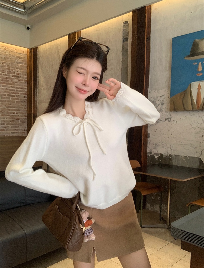 Korean style loose gray tops long sleeve tender frenum sweater