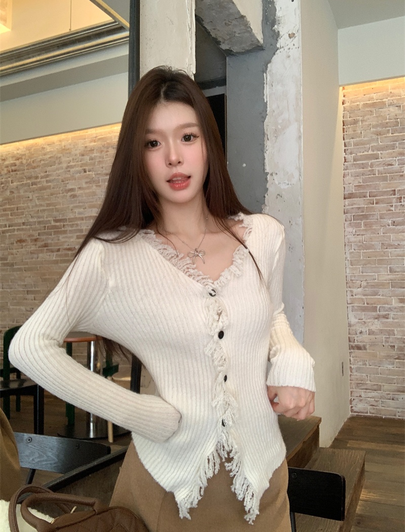 Tender niche burr tops long sleeve slim V-neck sweater