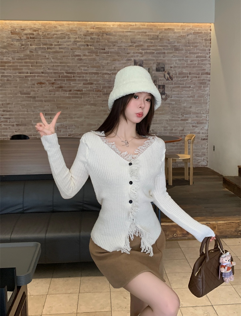 Tender niche burr tops long sleeve slim V-neck sweater