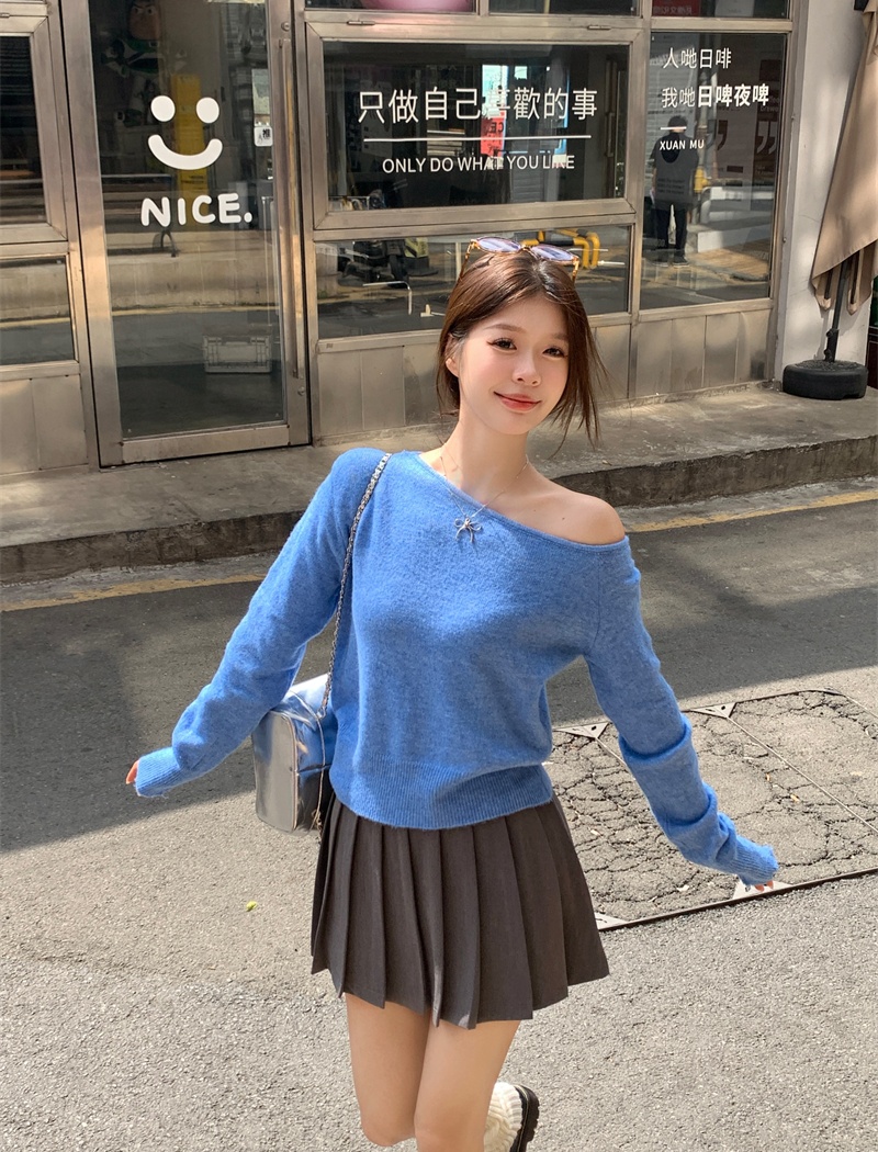 Sloping shoulder tender sweater all-match wool tops