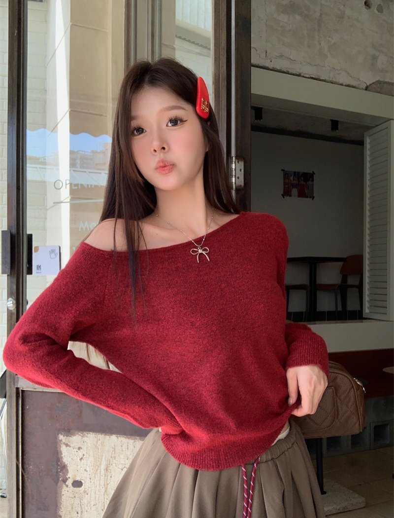 Sloping shoulder tender sweater all-match wool tops