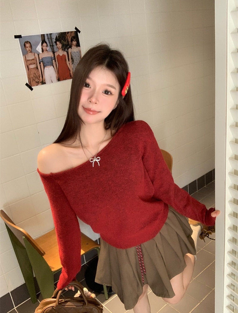 Sloping shoulder tender sweater all-match wool tops