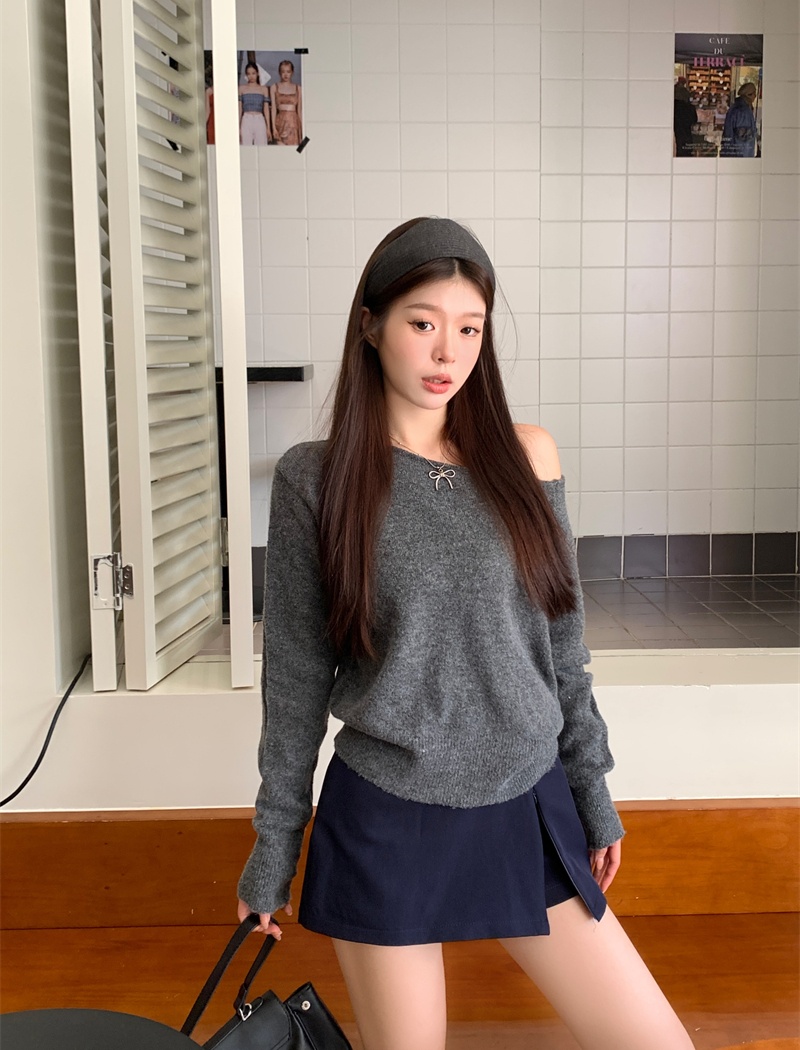 Sloping shoulder tender sweater all-match wool tops