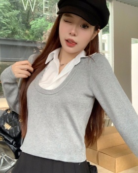 Splice long sleeve sweater Pseudo-two short tops for women