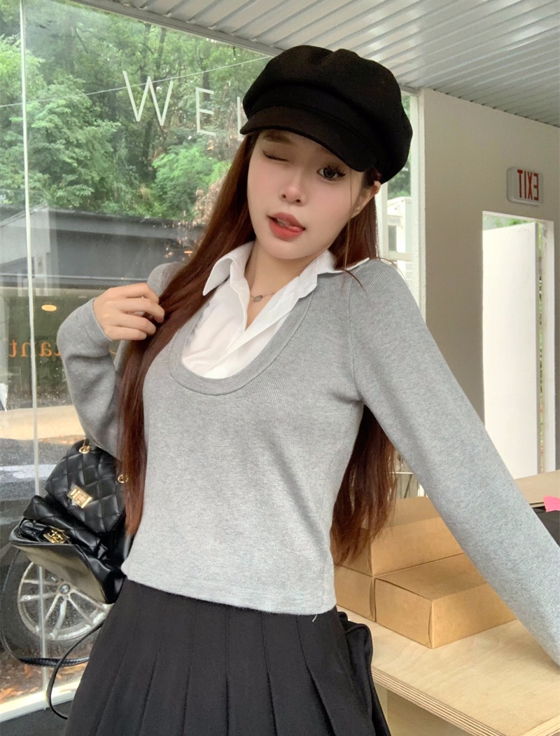 Splice long sleeve sweater Pseudo-two short tops for women