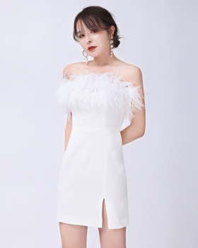 Bandage halter feather formal dress party wrapped chest dress