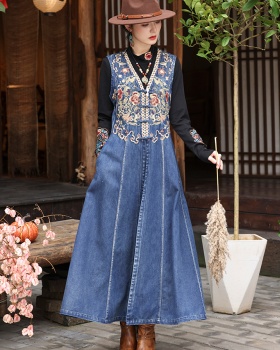 Denim national style coat winter embroidery dress