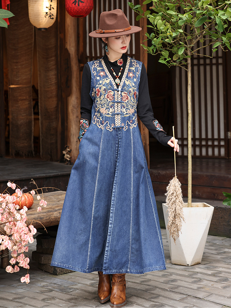 Denim national style coat winter embroidery dress