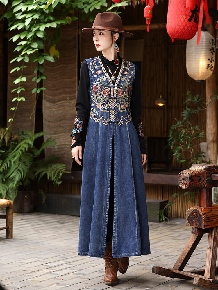 Denim national style coat winter embroidery dress