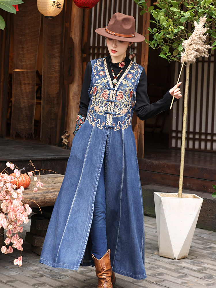 Denim national style coat winter embroidery dress