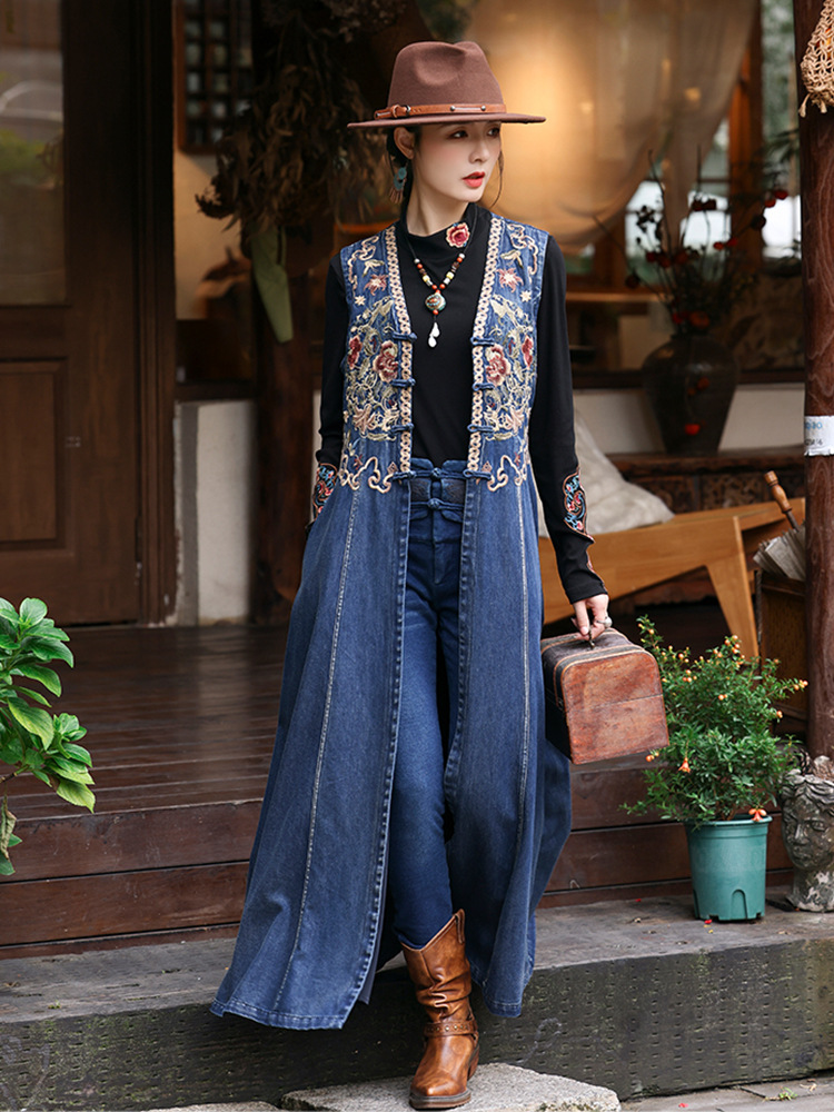 Denim national style coat winter embroidery dress