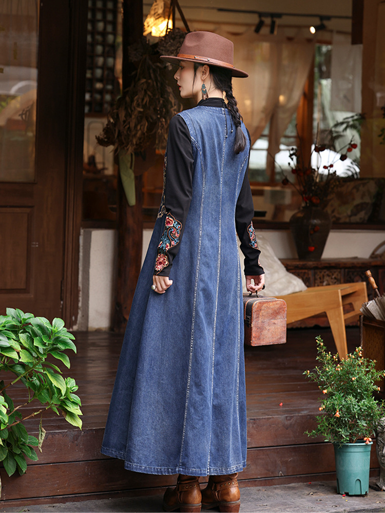 Denim national style coat winter embroidery dress