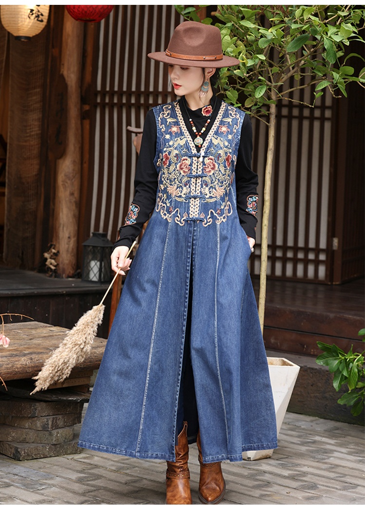 Denim national style coat winter embroidery dress