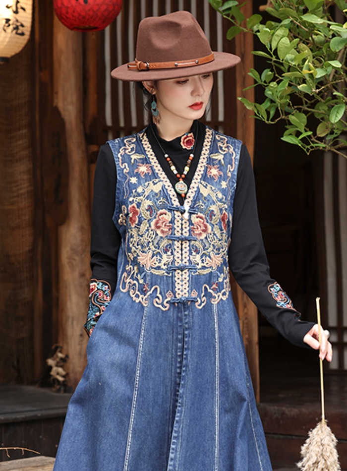 Denim national style coat winter embroidery dress