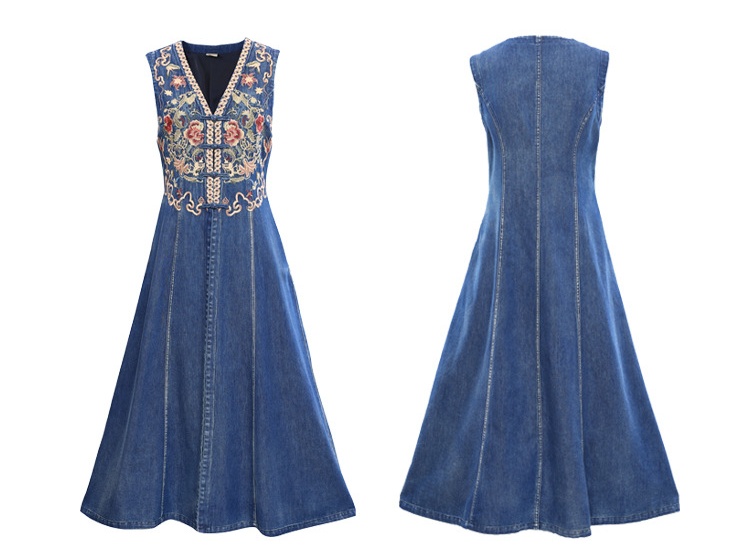 Denim national style coat winter embroidery dress