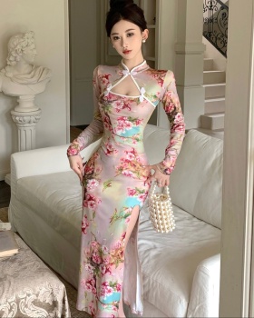 Split retro slim cheongsam autumn printing dress